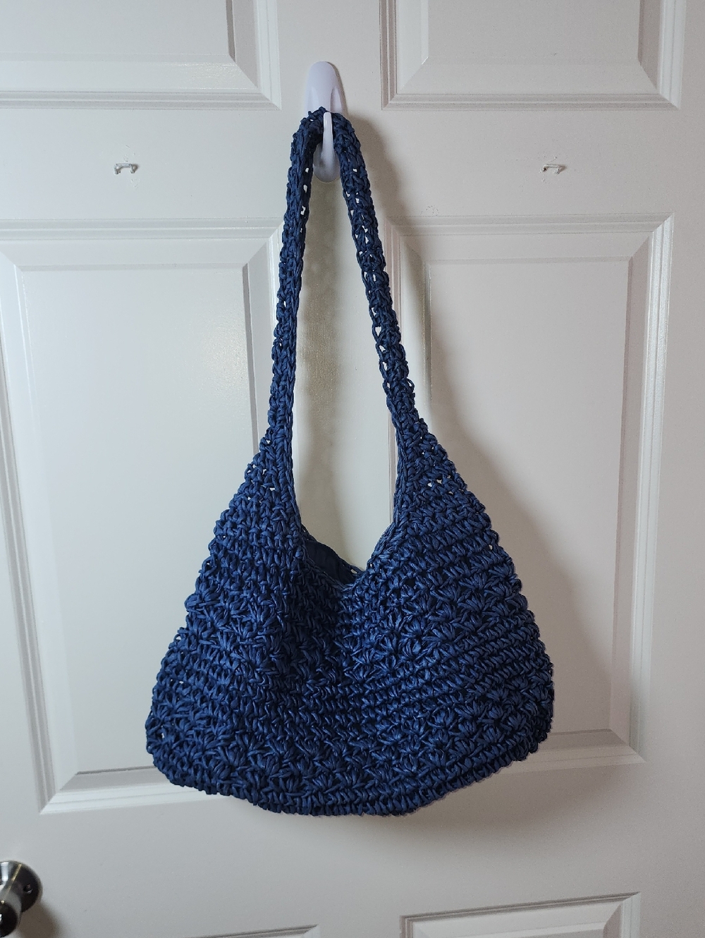 Navy Crochet Shoulder Tote Bag - Stylish Everyday Carry